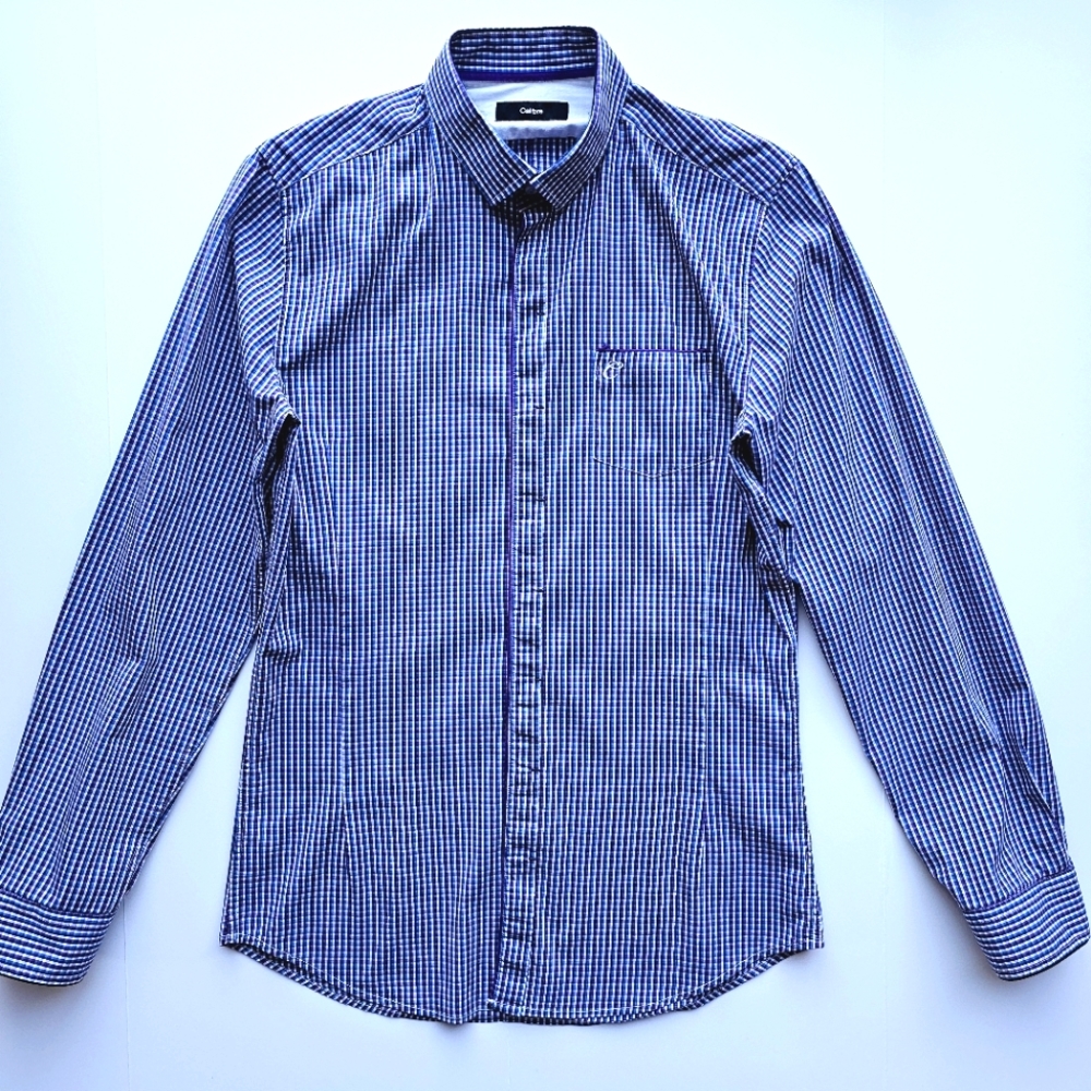 Calibre Mens Fine Check Plaid Button up Tailored Slim Fit Shirt